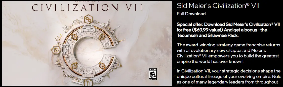 Intel CPUs+ Mother Board Giveaway Game Code 3 Sid Meier's Civilization® VII