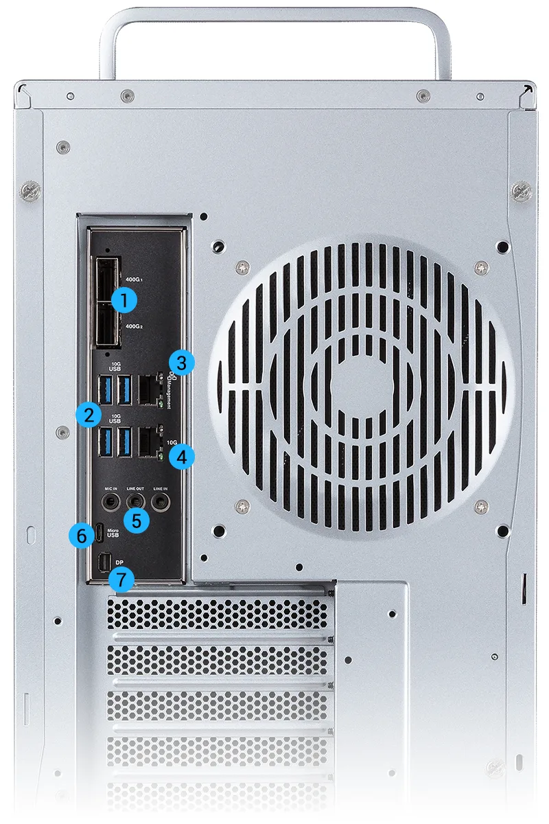 ASUS ExpertCenter Pro ET900N G3 AI Supercomputer, NVIDIA GB300 Grace Blackwell Ultra, 748GB Coherent Memory 6 ASUS ExpertCenter Pro ET900N G3 rear I/O ports and QSFP 400G